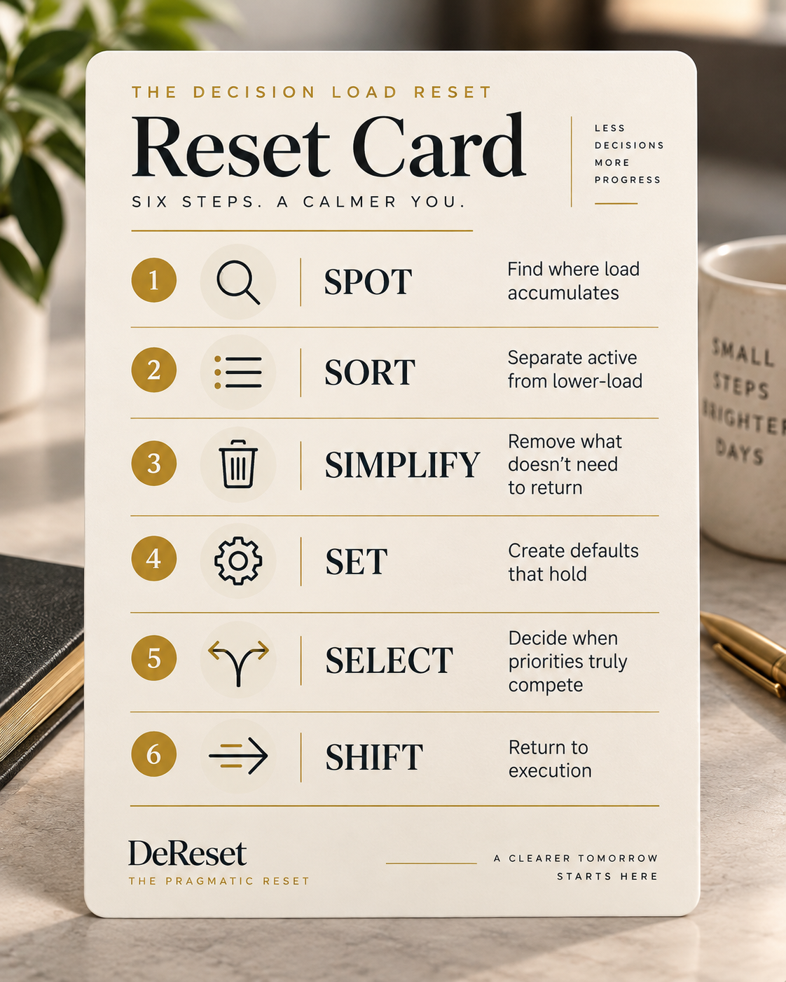 The Reset Card — a compact six-step reference card.