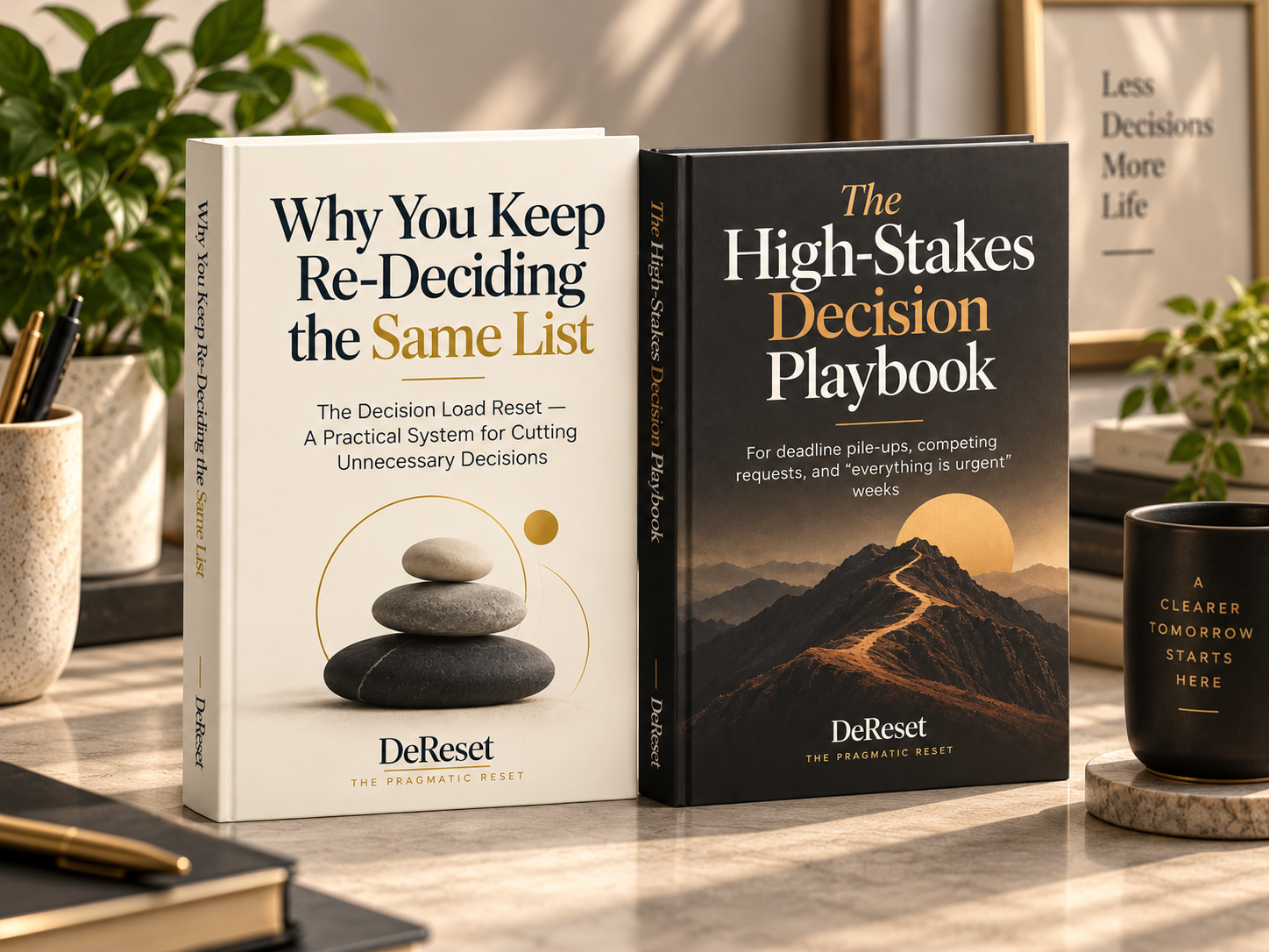 The Decision Load Reset core guide and High-Stakes Decision Playbook bonus, shown together.
